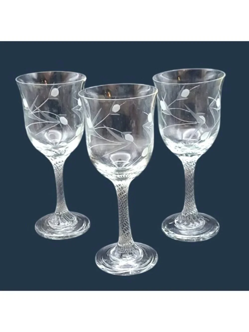 Hand Cut Wine Glasses Twisted Stem Floral Dublin Ireland Eamon Glass Set Of 3